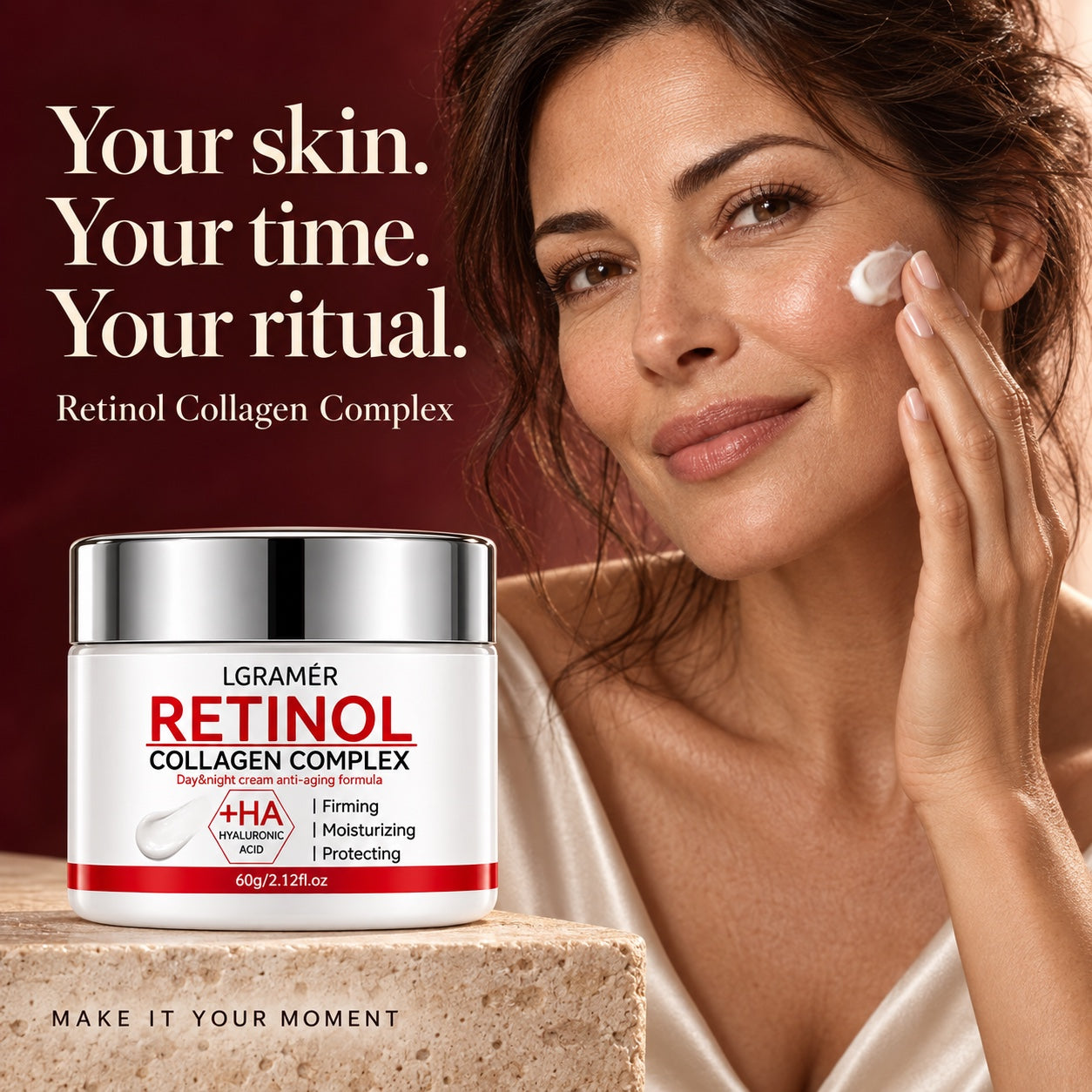 Model applying cream in daytime